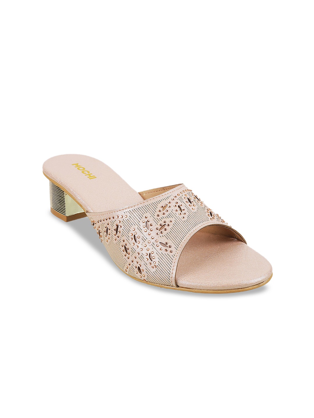 

Mochi Women Peach-Coloured Embellished Block Mules with Laser Cuts