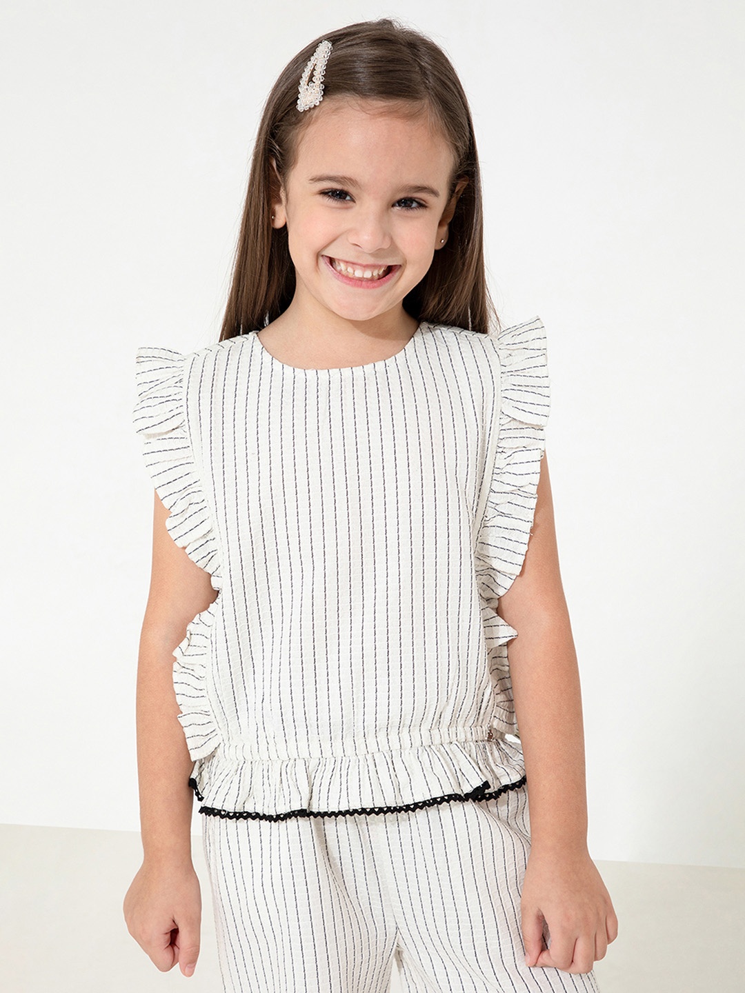 

Cherry Crumble Girls Off White & Black Striped Top with Trousers