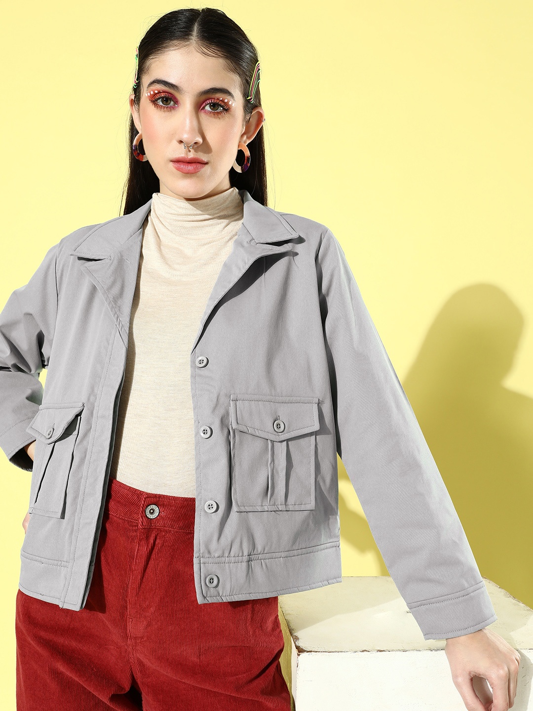 

Mast & Harbour Women Charming Grey College Cool Utility Tailored Jacket
