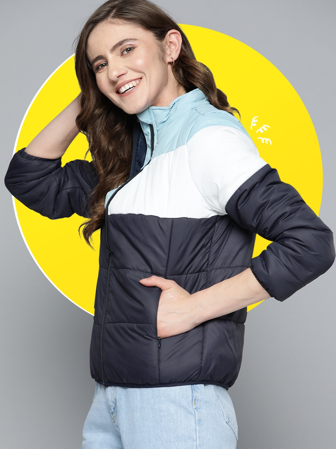 

Mast & Harbour Women Blue & White Colourblocked Padded Jacket