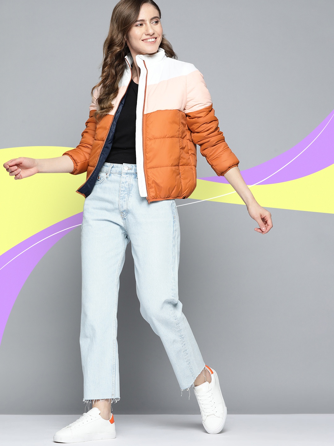 

Mast & Harbour Women Rust Orange & Peach-Coloured Colourblocked Padded Jacket