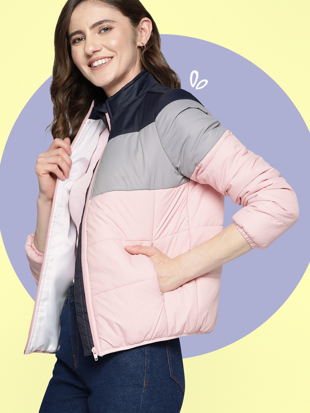 

Mast & Harbour Women Pink & Grey Colourblocked Padded Jacket