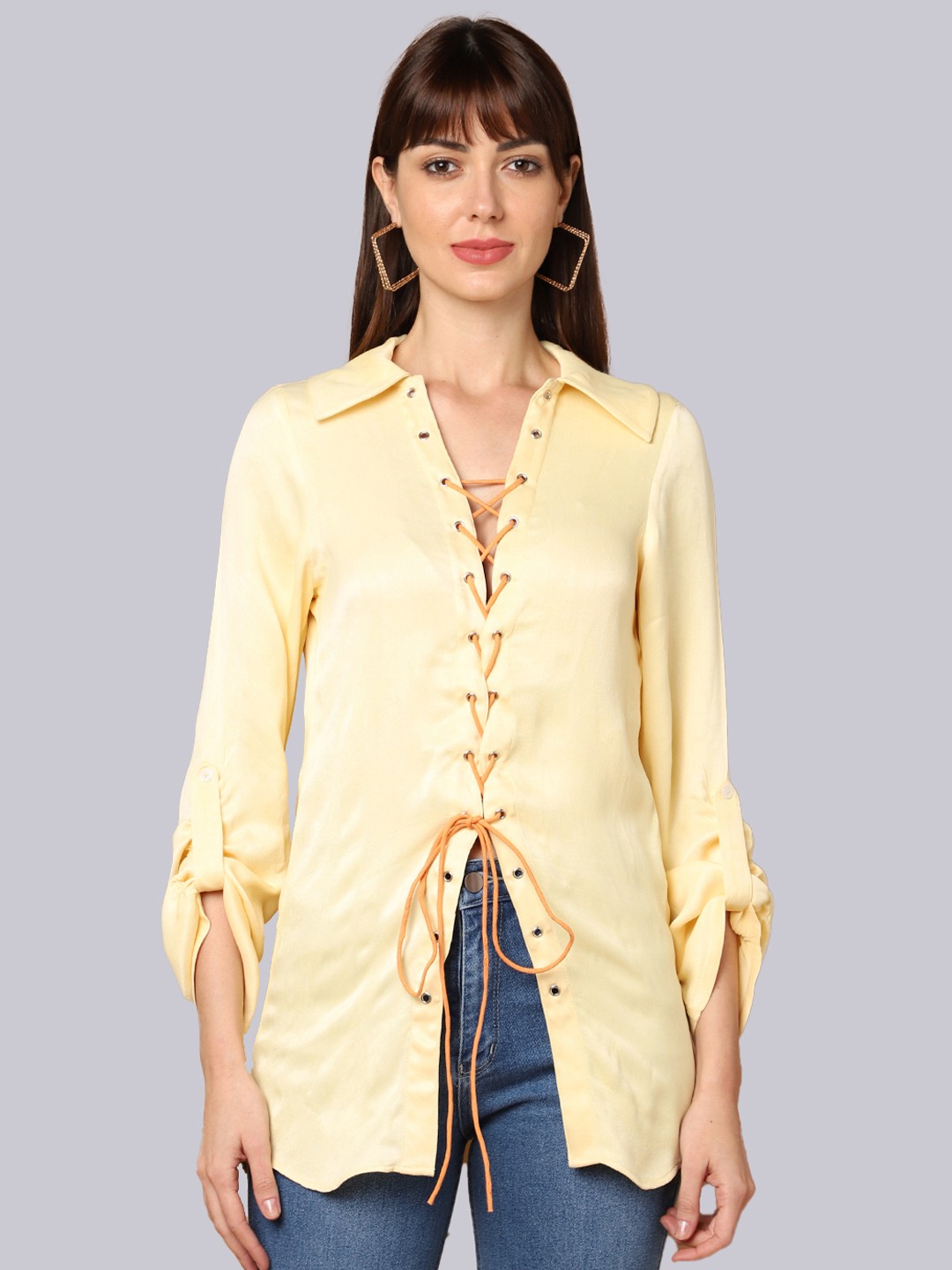 

SHABERRY Women Yellow Slim Fit Casual Shirt