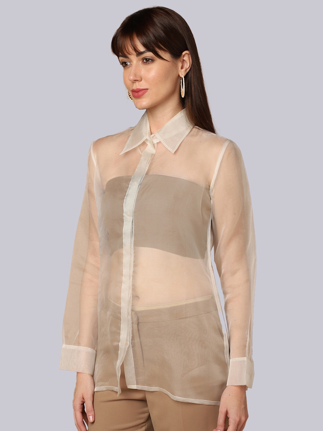 

SHABERRY Women White Slim Fit Sheer Party Shirt