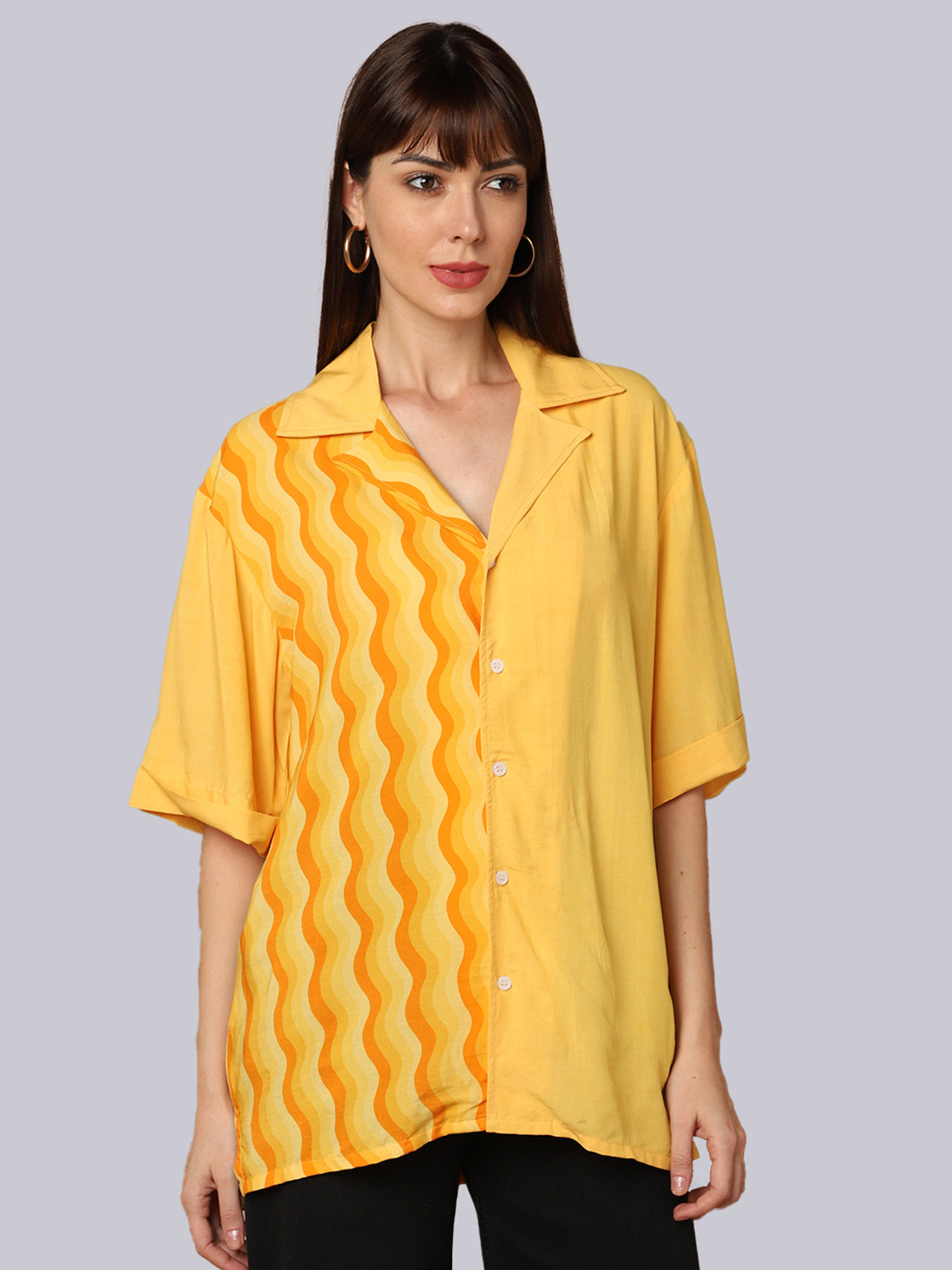 

SHABERRY Women Yellow Slim Fit Printed Casual Shirt