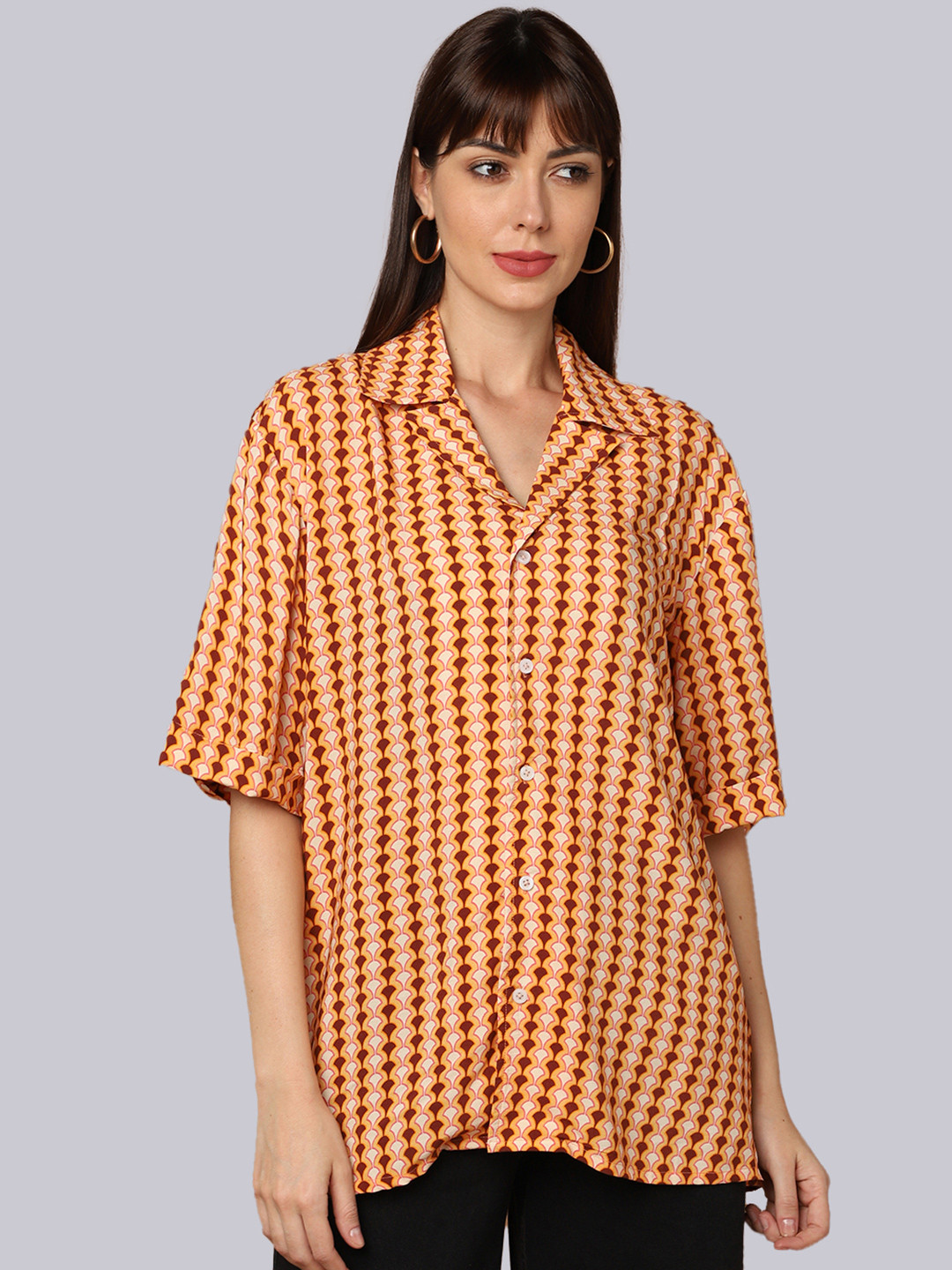 

SHABERRY Women Orange Oversized Fit Printed Casual Shirt