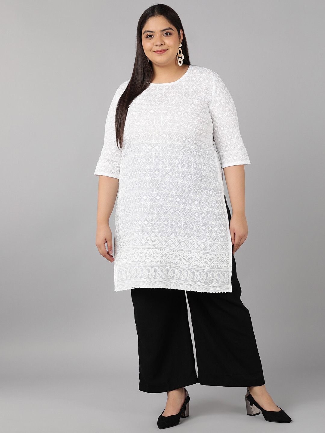 

SWAGG INDIA Plus Size Women White Ethnic Motifs Embroidered Cotton Kurta
