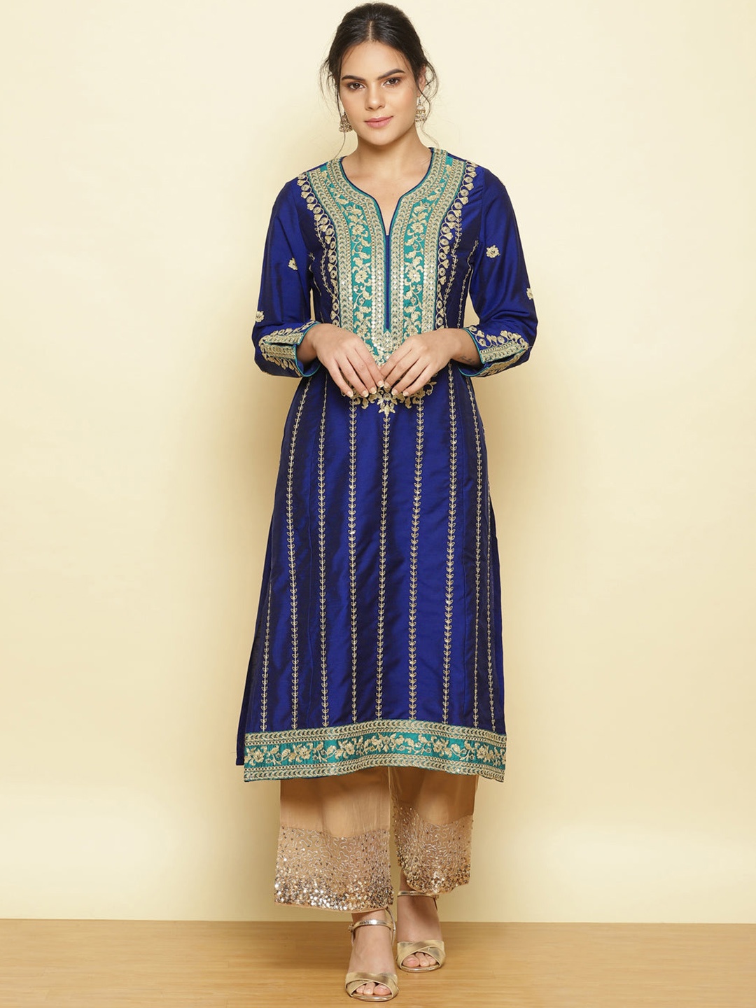 

Lakshita Women Blue Yoke Design Keyhole Neck Kurta