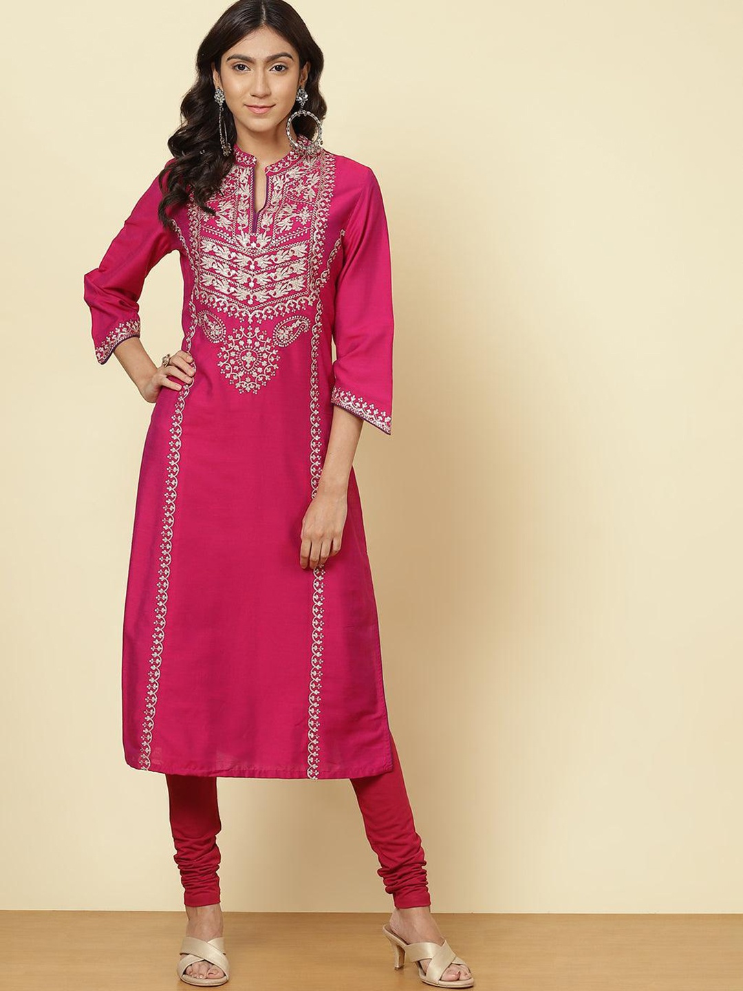 

Lakshita Women Red Ethnic Motifs Embellished Thread Work Kurta, Pink