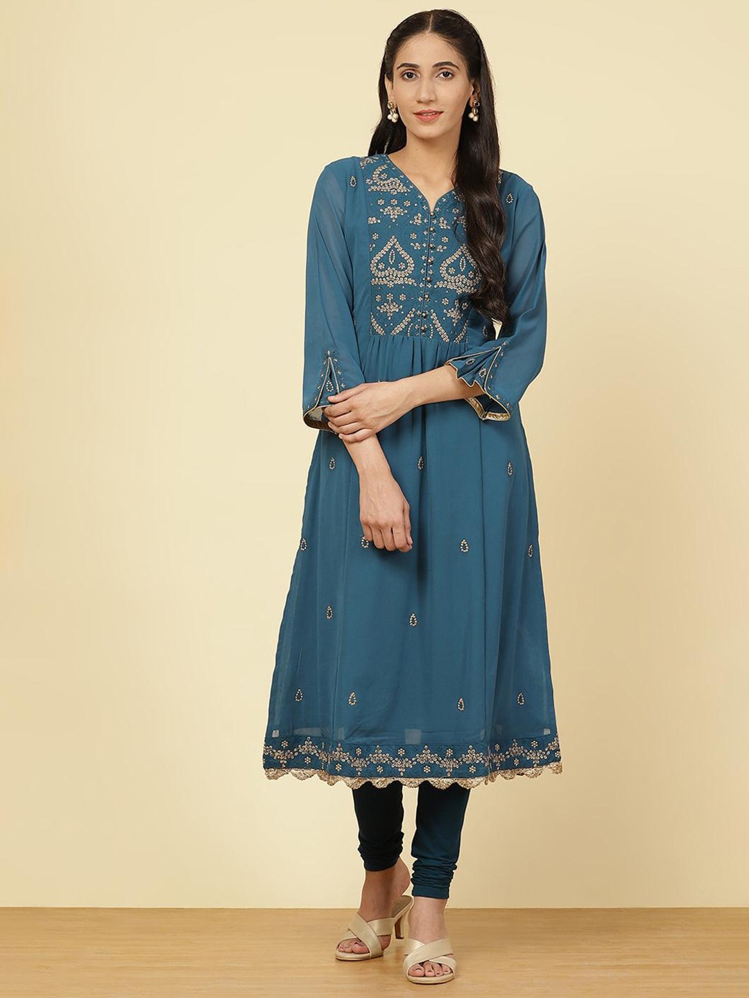 

Lakshita Women's Blue Ethnic Motifs Embroidered Crepe Anarkali Kurta