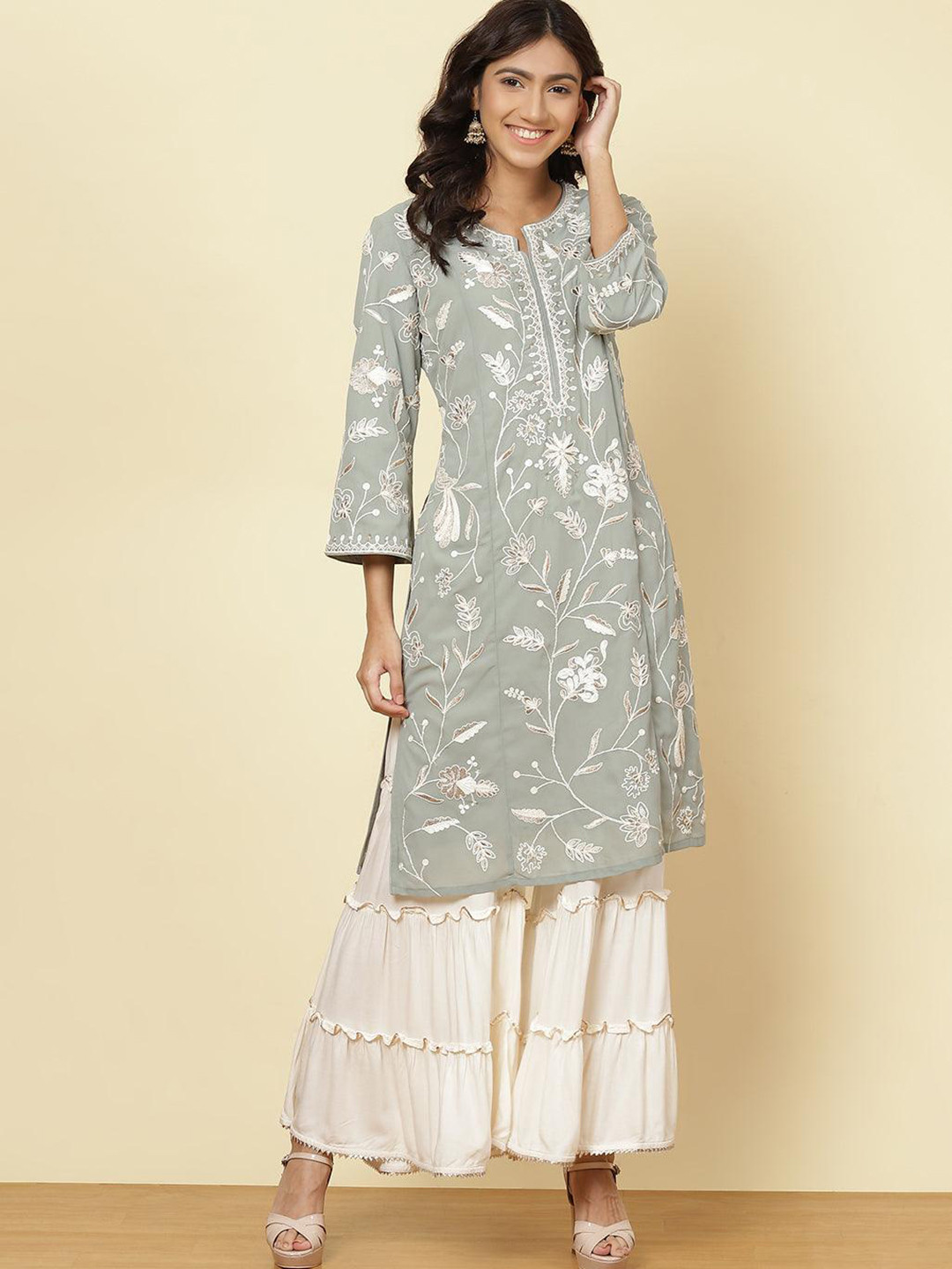 

Lakshita Women's Printed Keyhole Neck Flared Sleeves Gotta Patti Georgette Anarkali Kurta, Olive