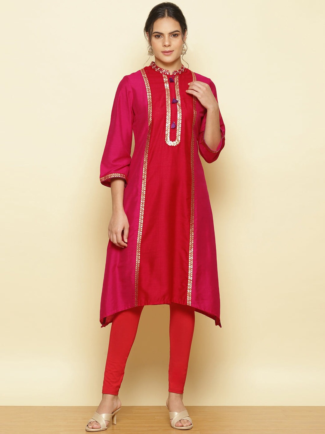 

Lakshita Women Red Yoke Design Flared Sleeves Thread Work Kurta