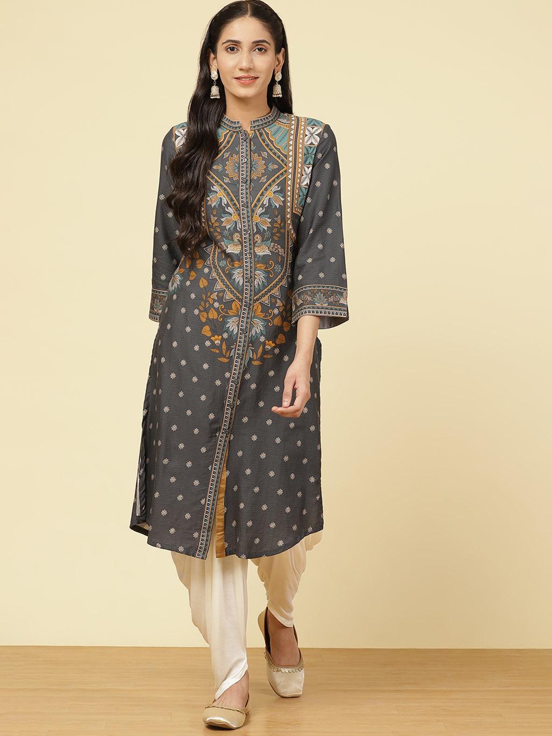 

Lakshita Women Grey Ethnic Motifs Printed Thread Work Kurta