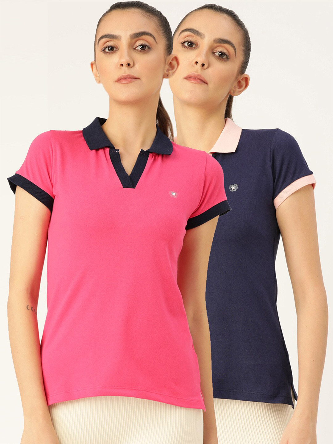 

FEMEA Women Pink & Navy Blue Pack Of 2 Polo Collar T-shirt