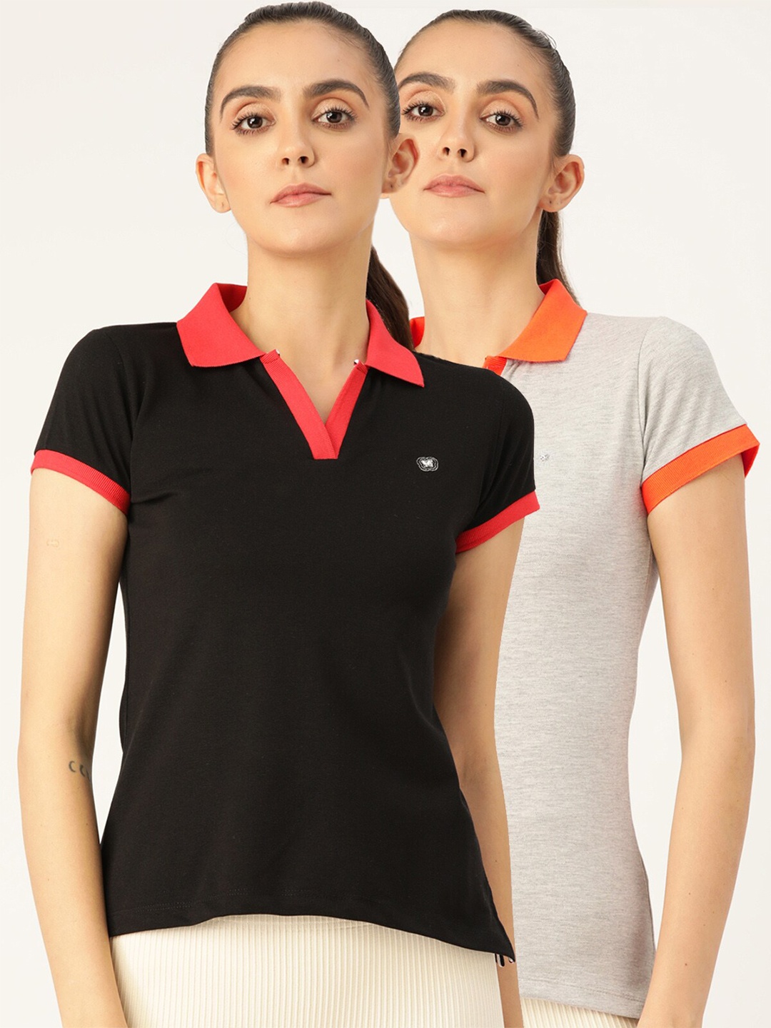 

FEMEA Women Black & Grey Pack Of 2 Polo Collar T-shirt