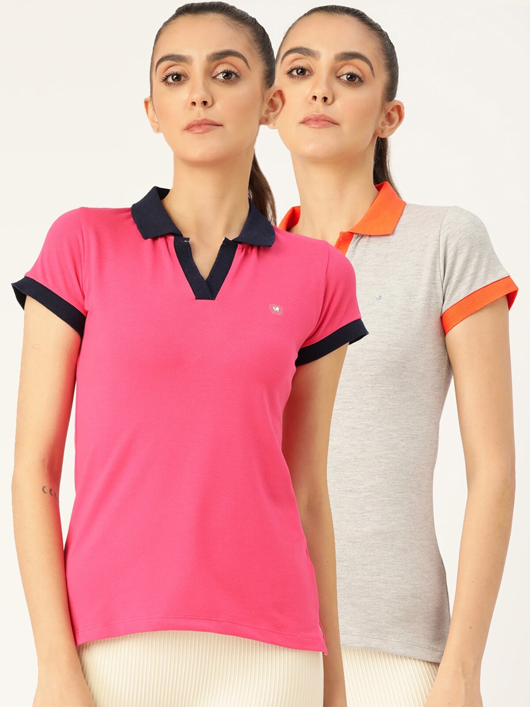 

FEMEA Women Pink & Grey Pack Of 2 Polo Collar T-shirt