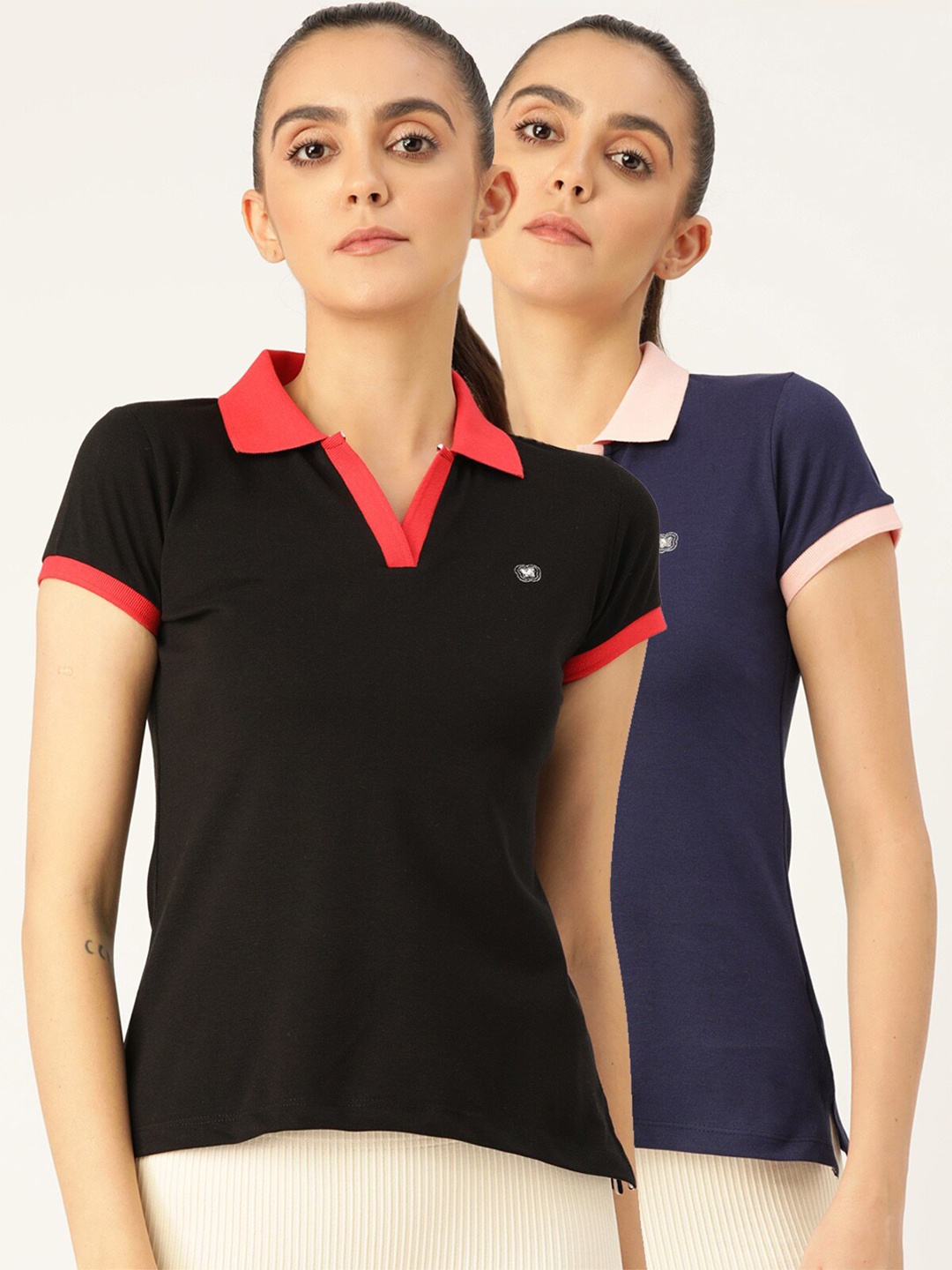 

FEMEA Women Black & Navy Blue 2 Polo Collar T-shirt