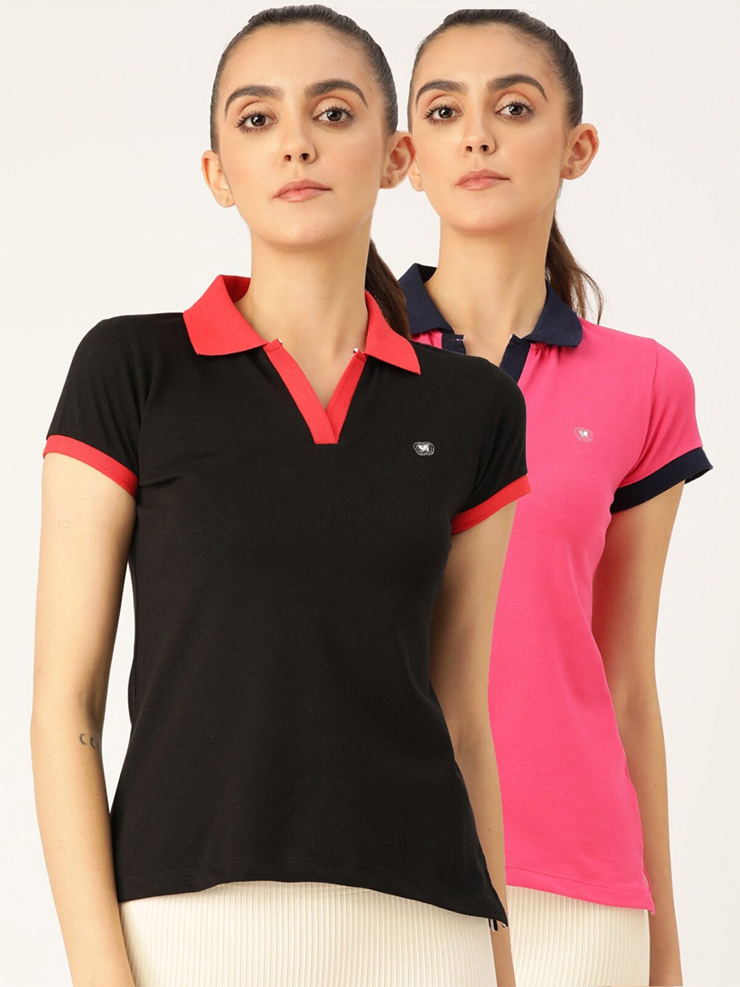 

FEMEA Women Black & Pink Pack Of 2 Polo Collar T-shirt