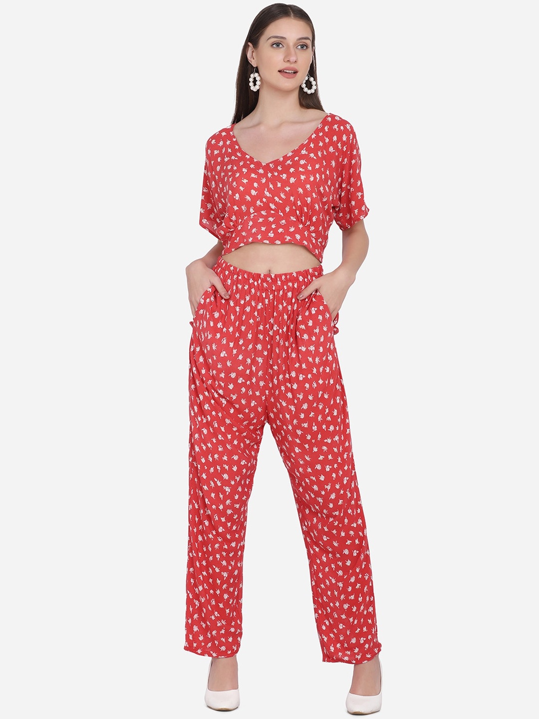 

SAKIA Women Orange & Off White Printed Top with Trousers