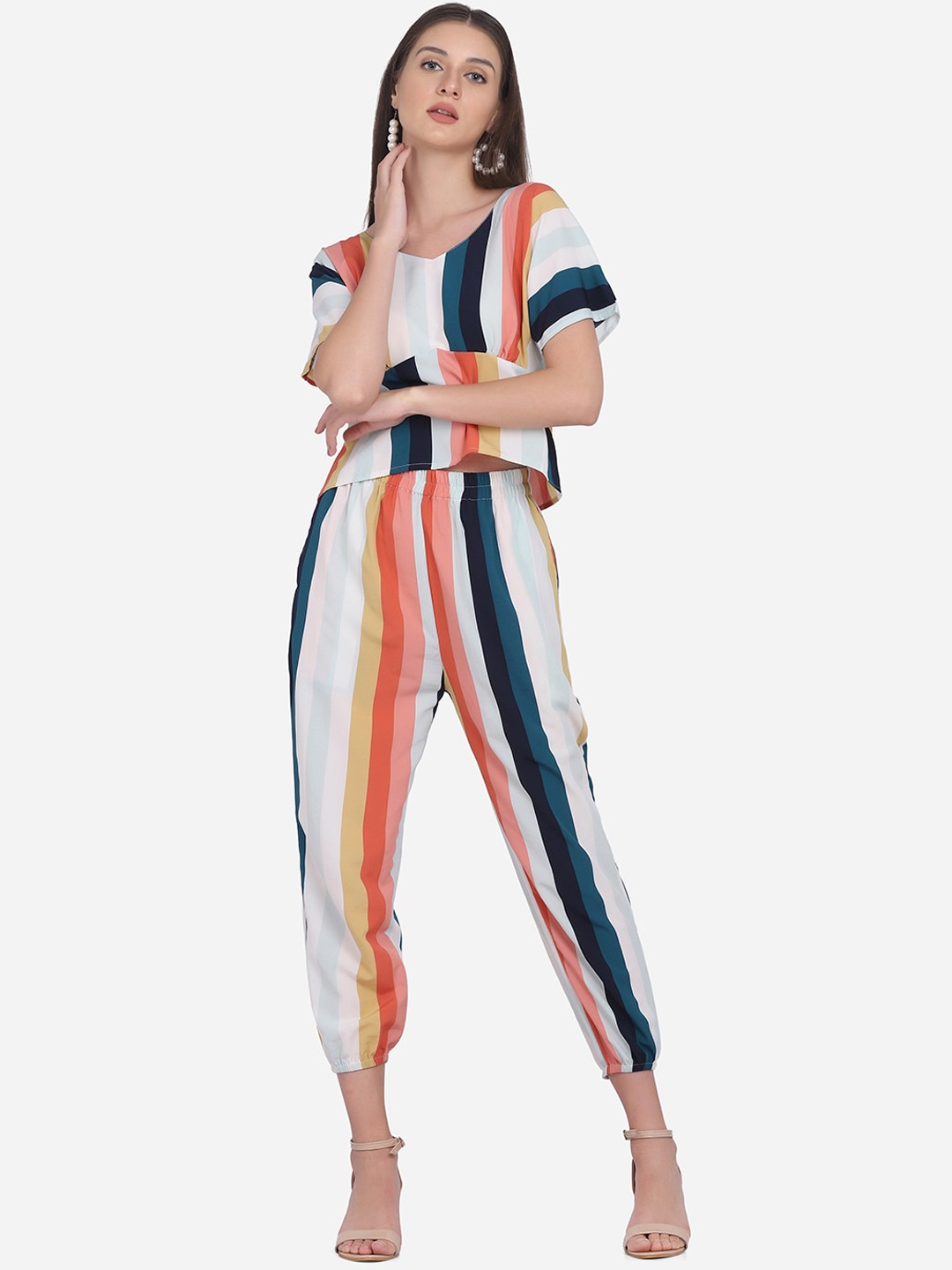 

SAKIA Women Multicoloured Striped Top with Trousers, Multi