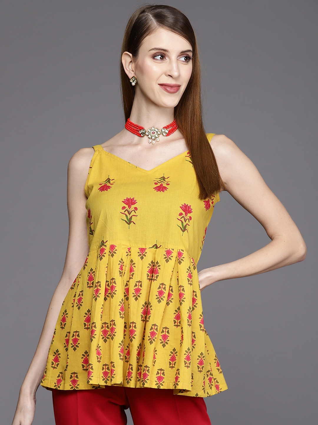 

Varanga Yellow & Pink Printed Cotton Top