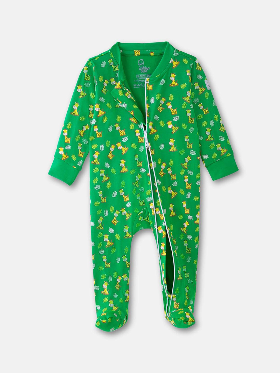 

Cuddles for Cubs Infant Kids Goofy Giraffe Printed Cotton Sleepsuit, Green