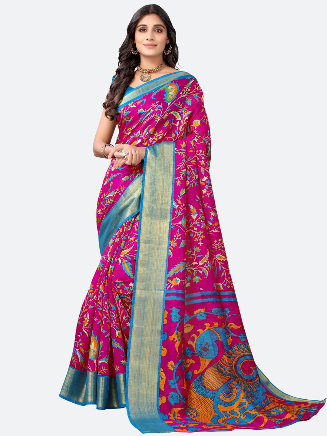

SIRIL Pink & Blue Floral Zari Kota Saree