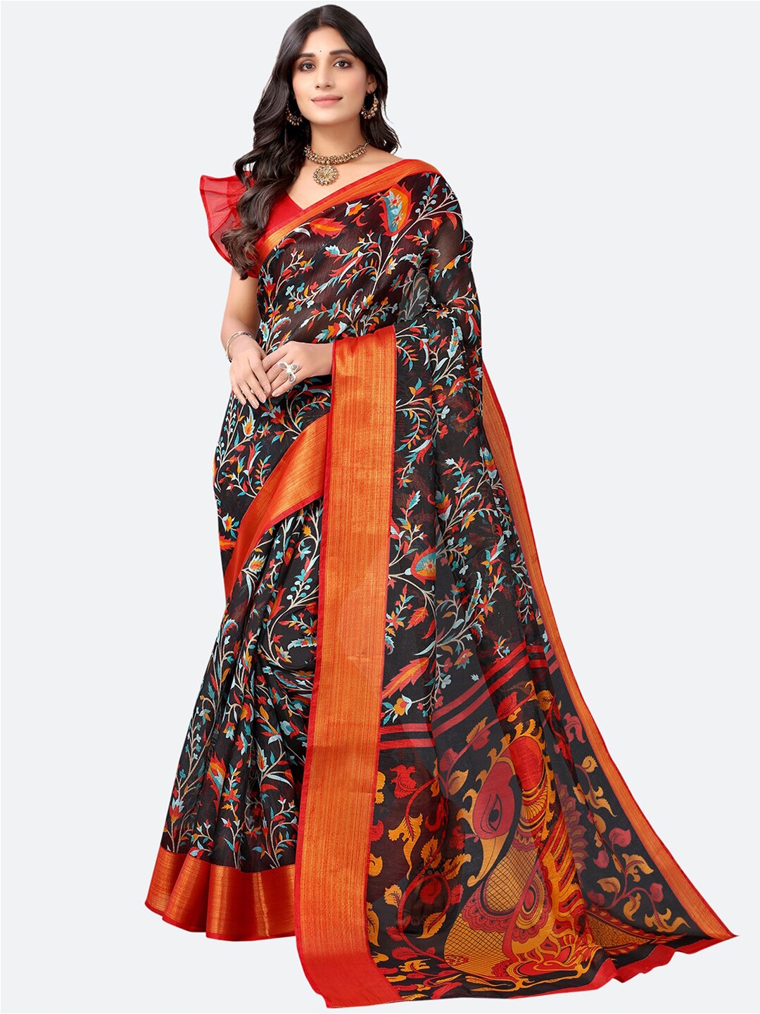 

SIRIL Black & Orange Floral Zari Kota Saree