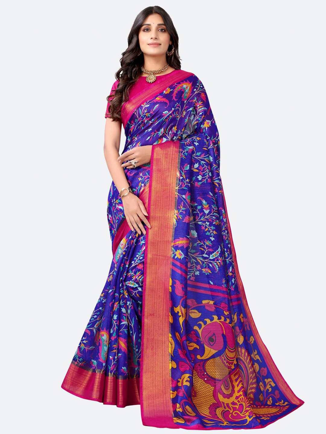 

SIRIL Blue & Orange Floral Printed Zari Kota Saree With Blouse Piece