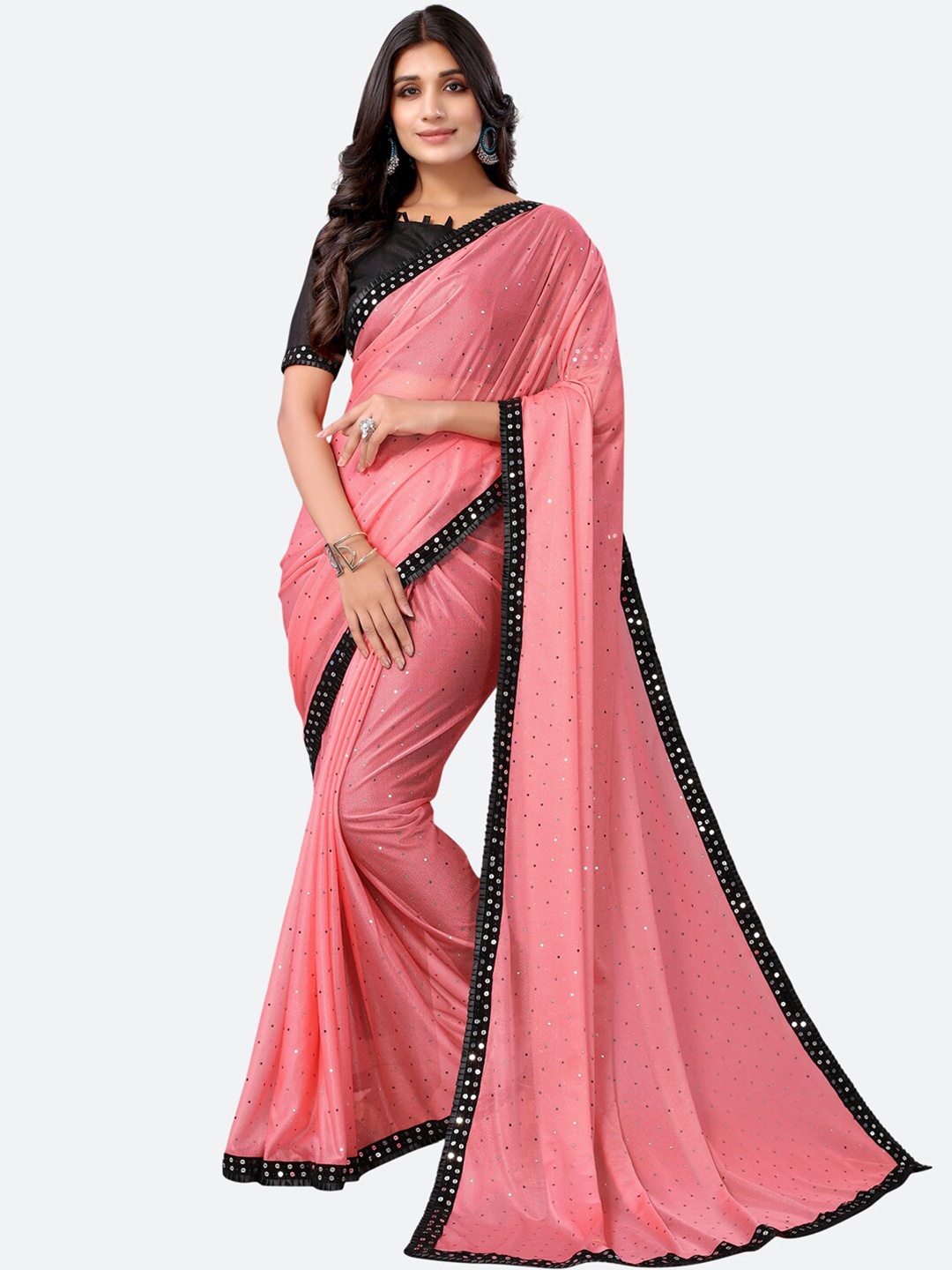 

SIRIL Pink Floral Sequinned Art Silk Saree