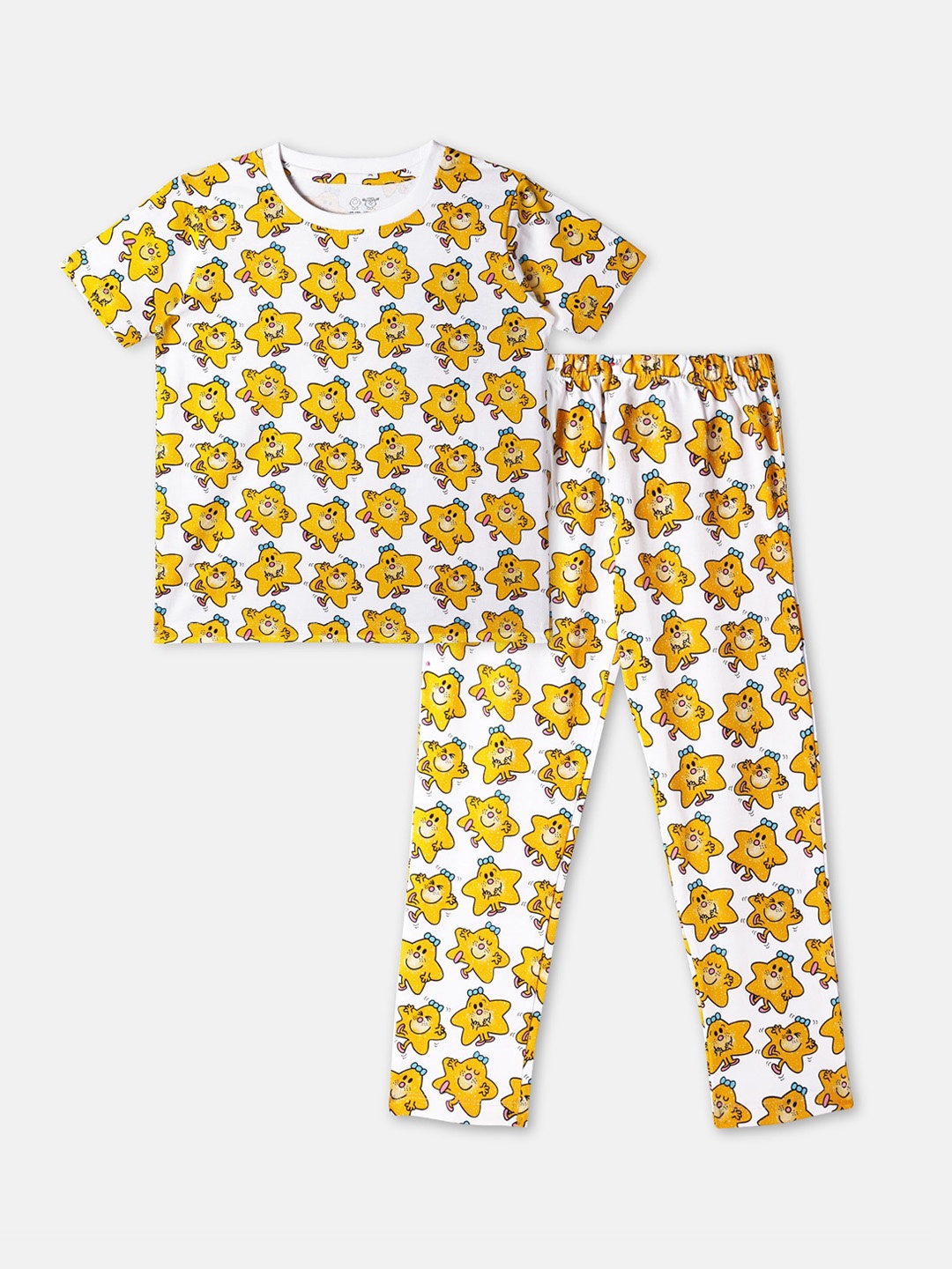 

Cuddles for Cubs Unisex Kids White & Yellow Printed Cotton Night suit