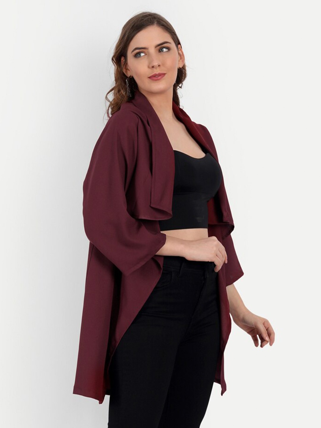 

KIROSHE BY KIRAN Women Maroon Longline Monochrome Shrug