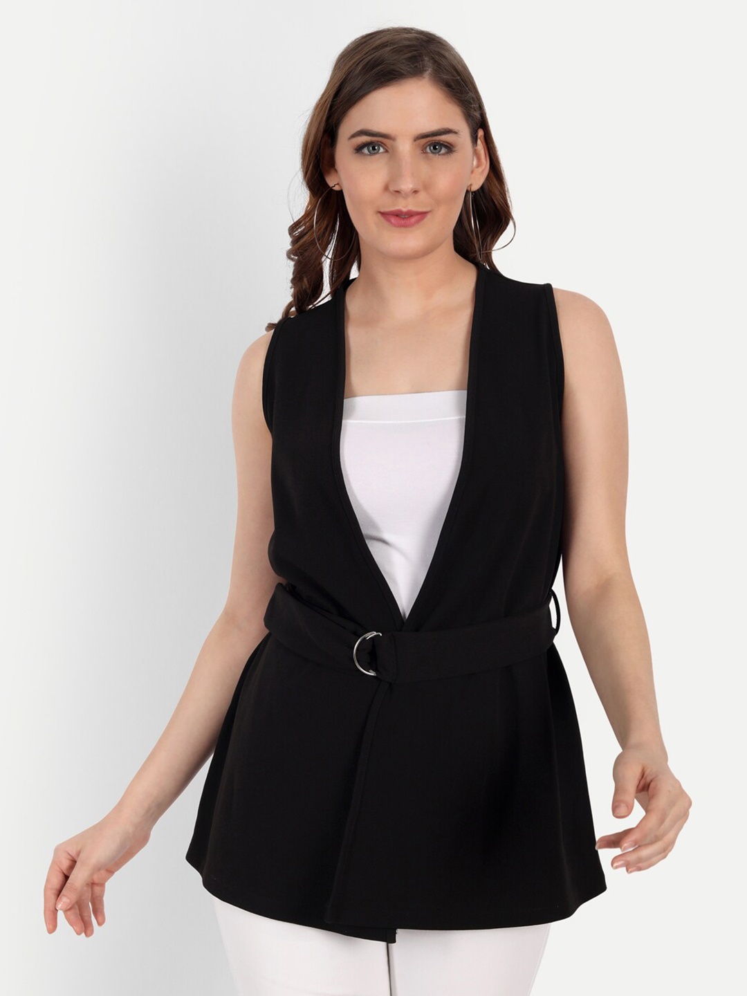 

KIROSHE BY KIRAN Women Black Casual Belted Shrug