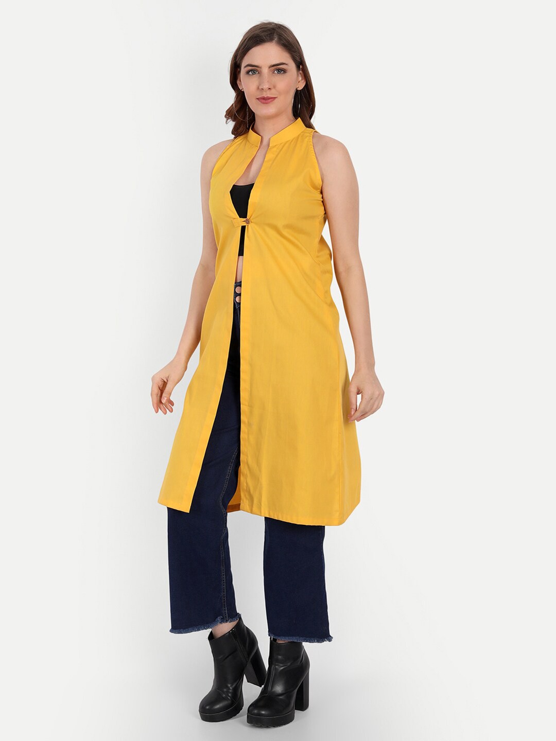 

KIROSHE BY KIRAN Women Yellow Longline Button Shrug