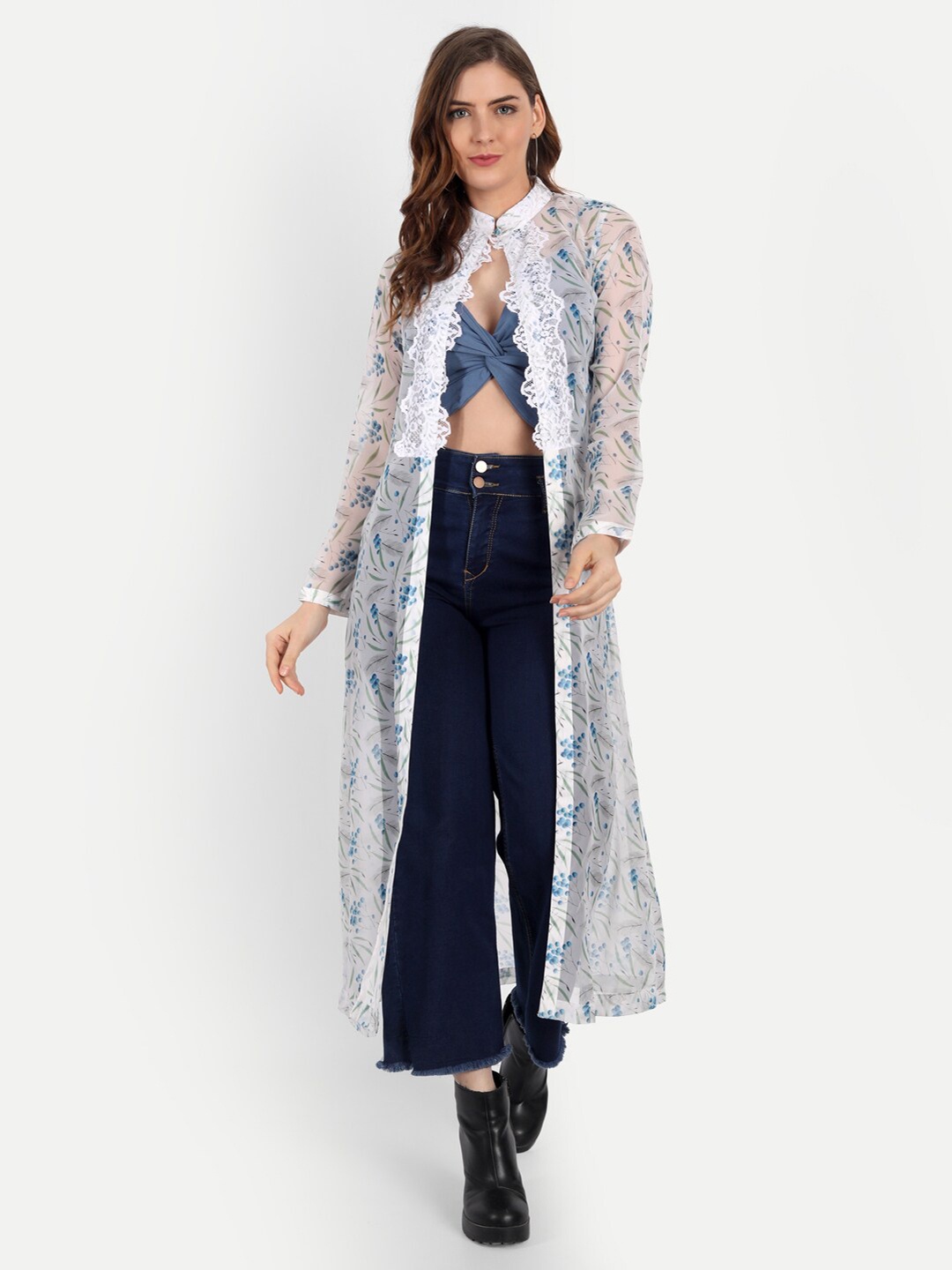 

KIROSHE BY KIRAN Women White & Blue Printed Longline Button Shrug