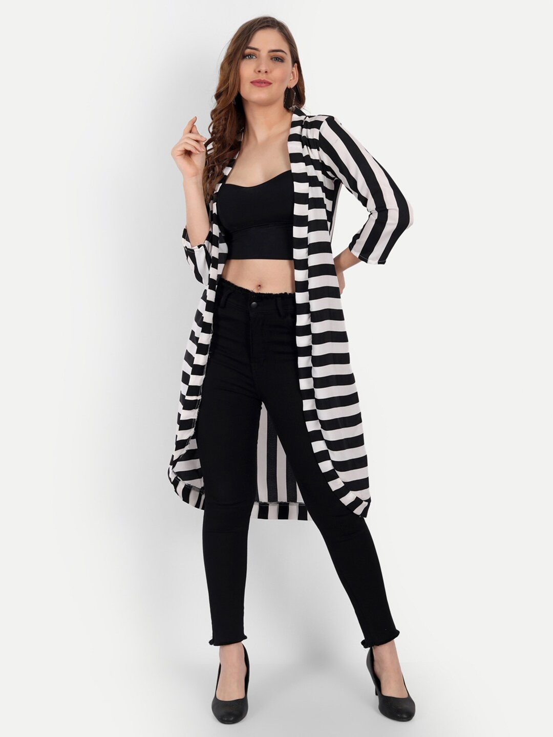 

KIROSHE BY KIRAN Women White & Black Striped Longline Shrug