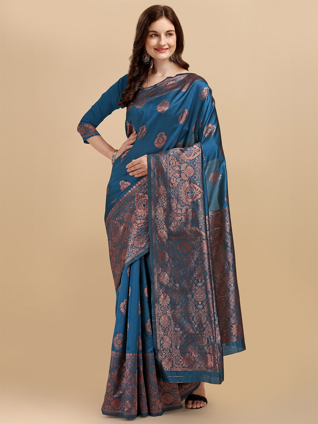 

ZIKARAA Teal & Gold-Toned Floral Zari Pure Silk Banarasi Saree