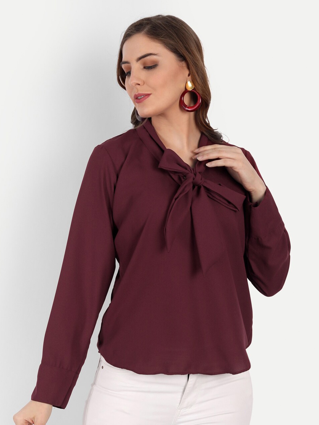 

KIROSHE BY KIRAN Maroon Tie-Up Neck Crepe Top