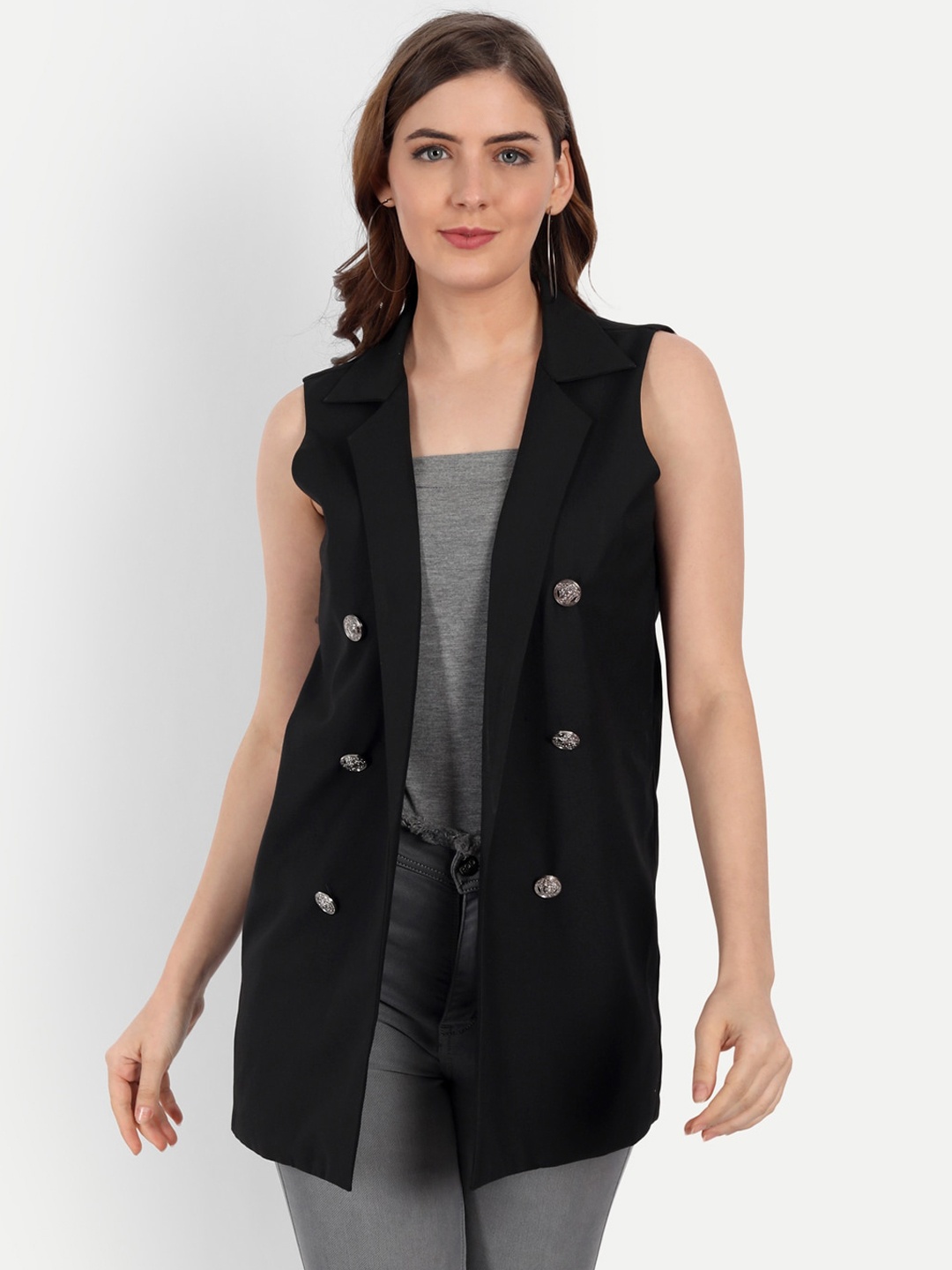 

KIROSHE BY KIRAN Women Black Solid Slim-Fit Sleeveless Coat