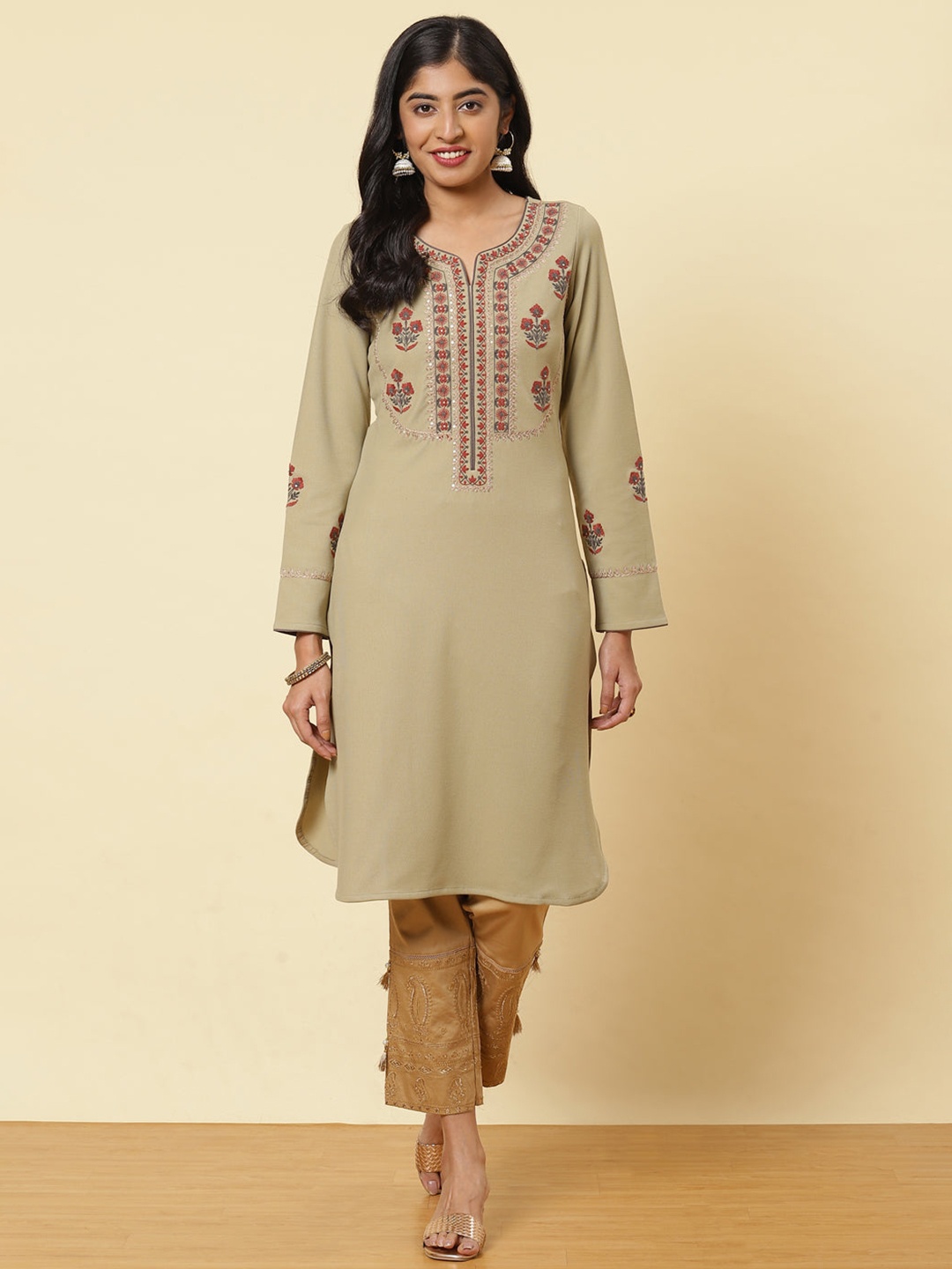 

Lakshita Women Geometric Yoke Design Keyhole Neck Thread Work Kurta, Brown
