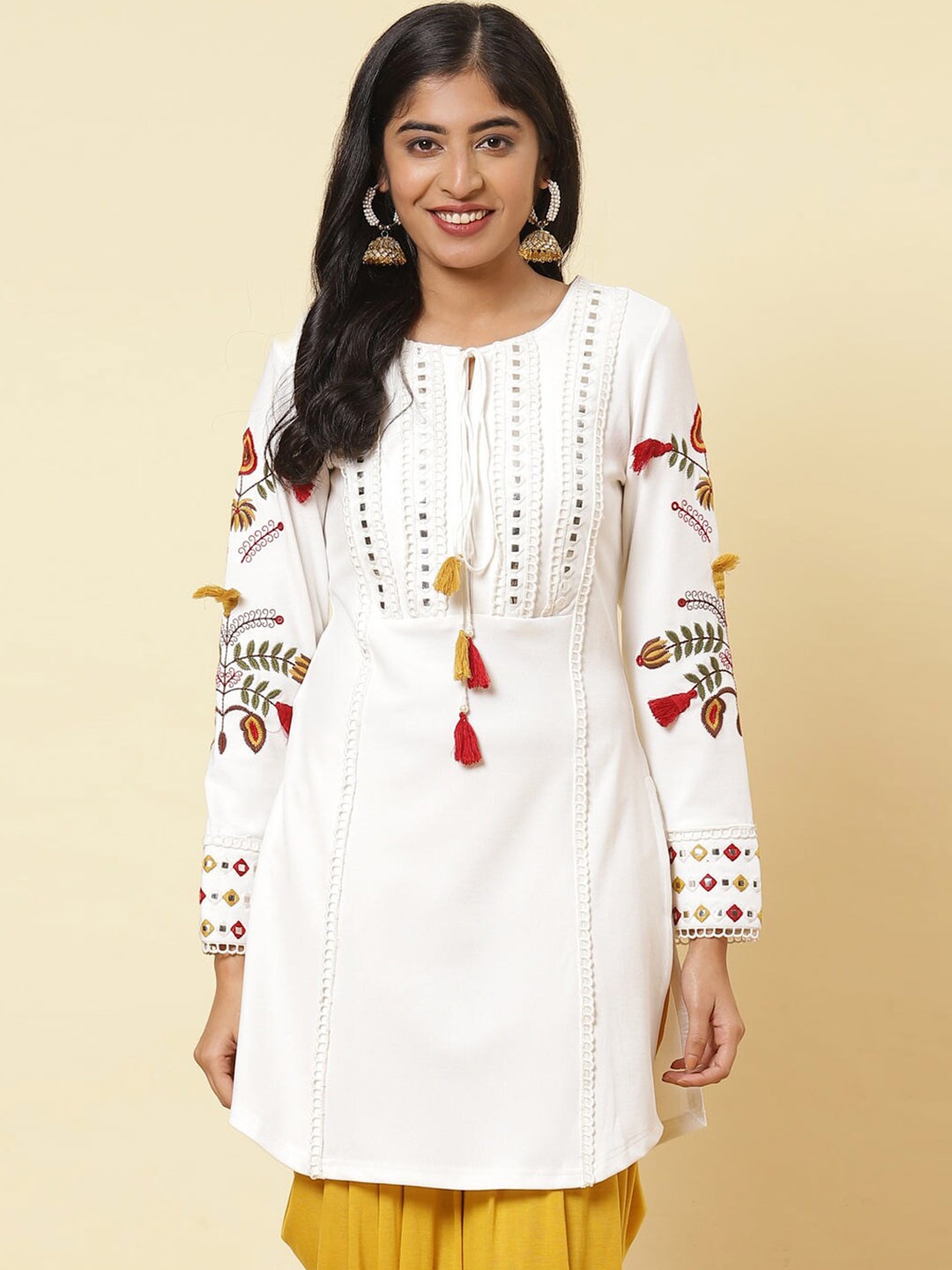 

Lakshita White Floral Embroidered Mirror Work Kurti