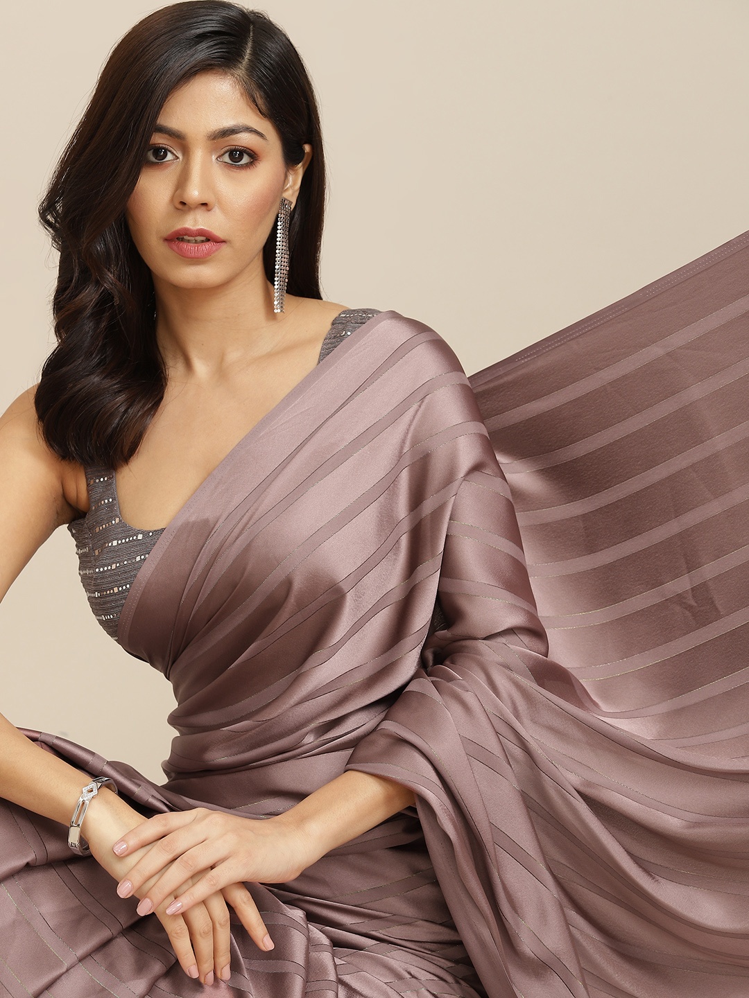 

Tikhi Imli Gunmetal-Toned Striped Saree, Metallic
