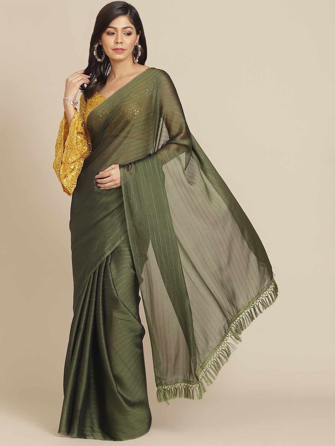 

Tikhi Imli Olive Green Striped Saree