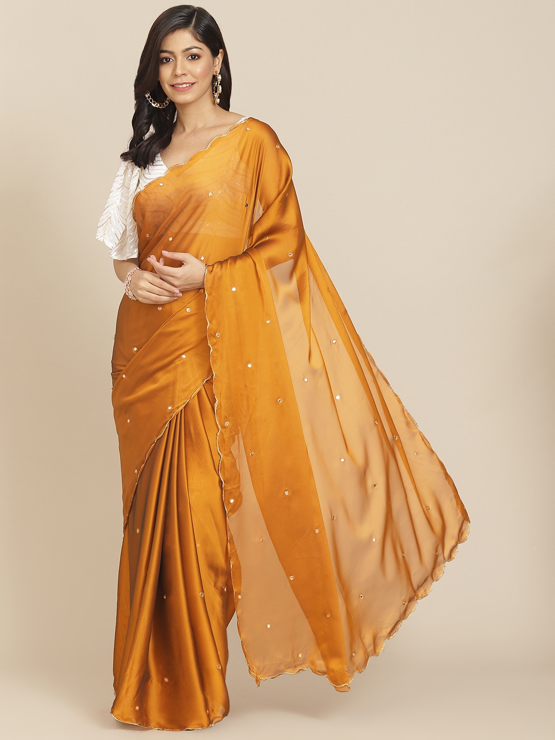 

Tikhi Imli Gunmetal-Toned & Mustard Embellished Mirror Work Saree, Metallic