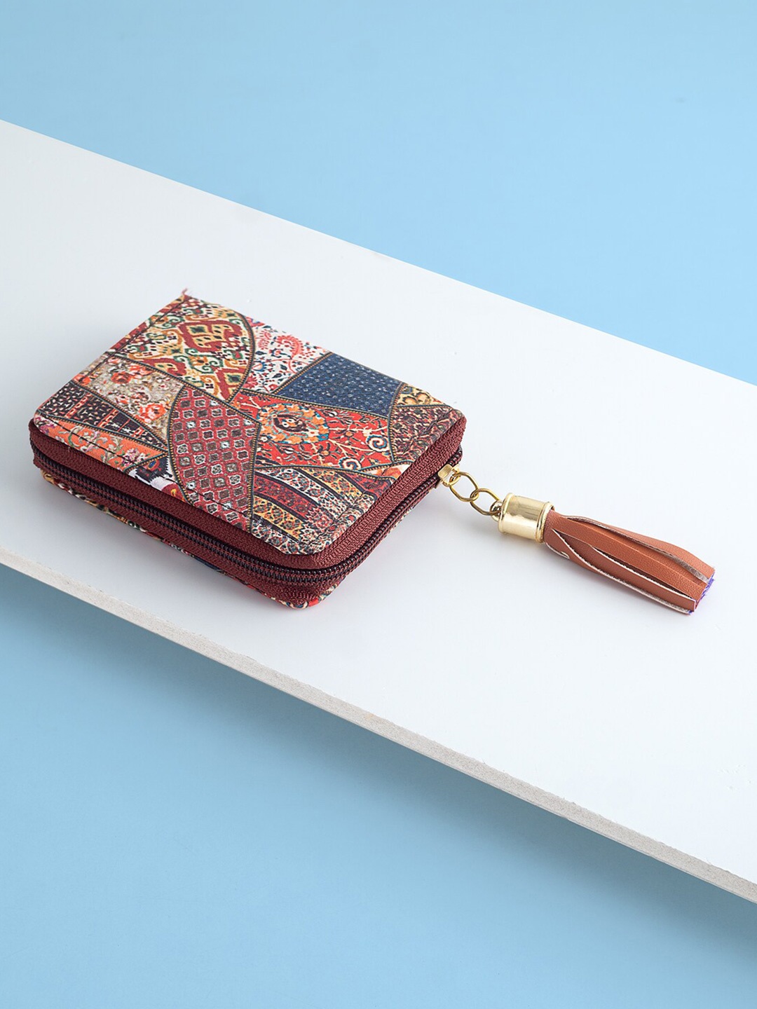 

Golden Peacock Women Red Floral Printed Zip Detail Zip Around Wallet