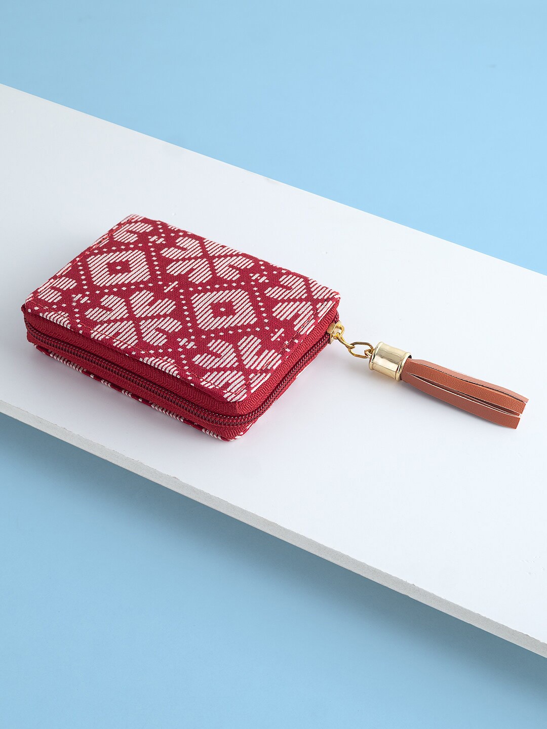 

Golden Peacock Women Red & White Floral Printed Zip Detail Zip Around Wallet