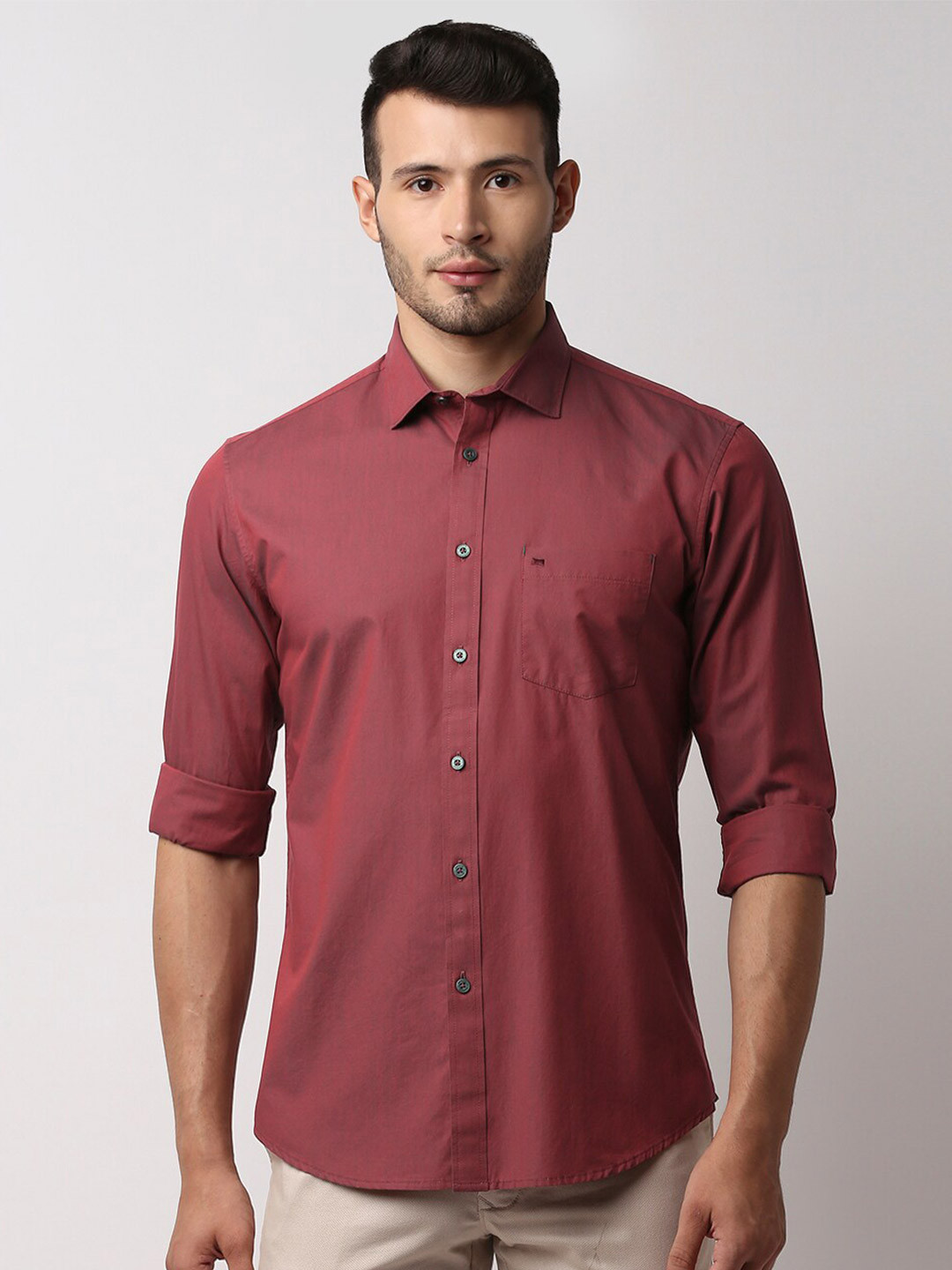 

Basics Men Red Solid Pure Cotton Slim Fit Casual Shirt