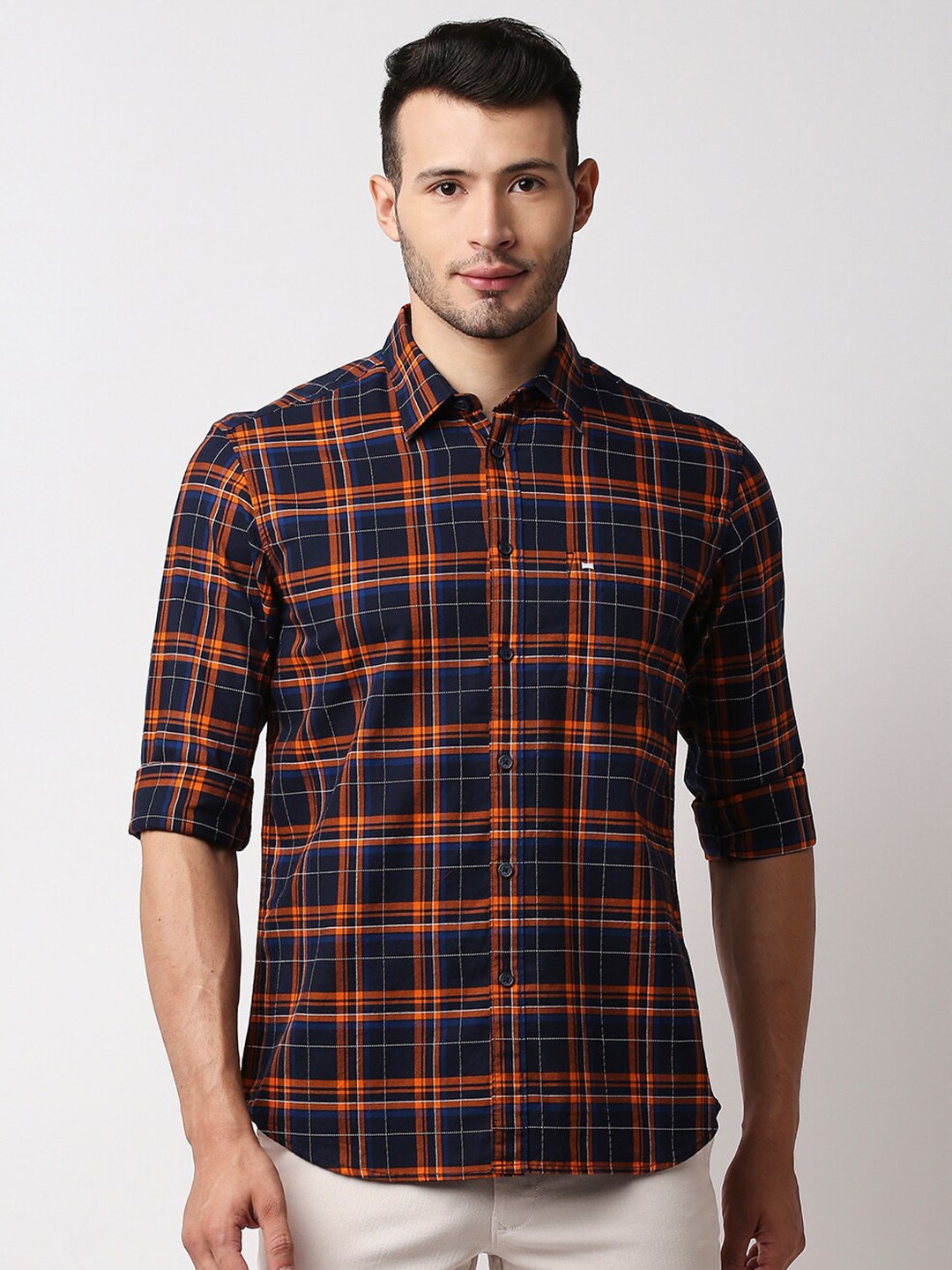 

Basics Men Orange Slim Fit Tartan Checks Checked Casual Shirt