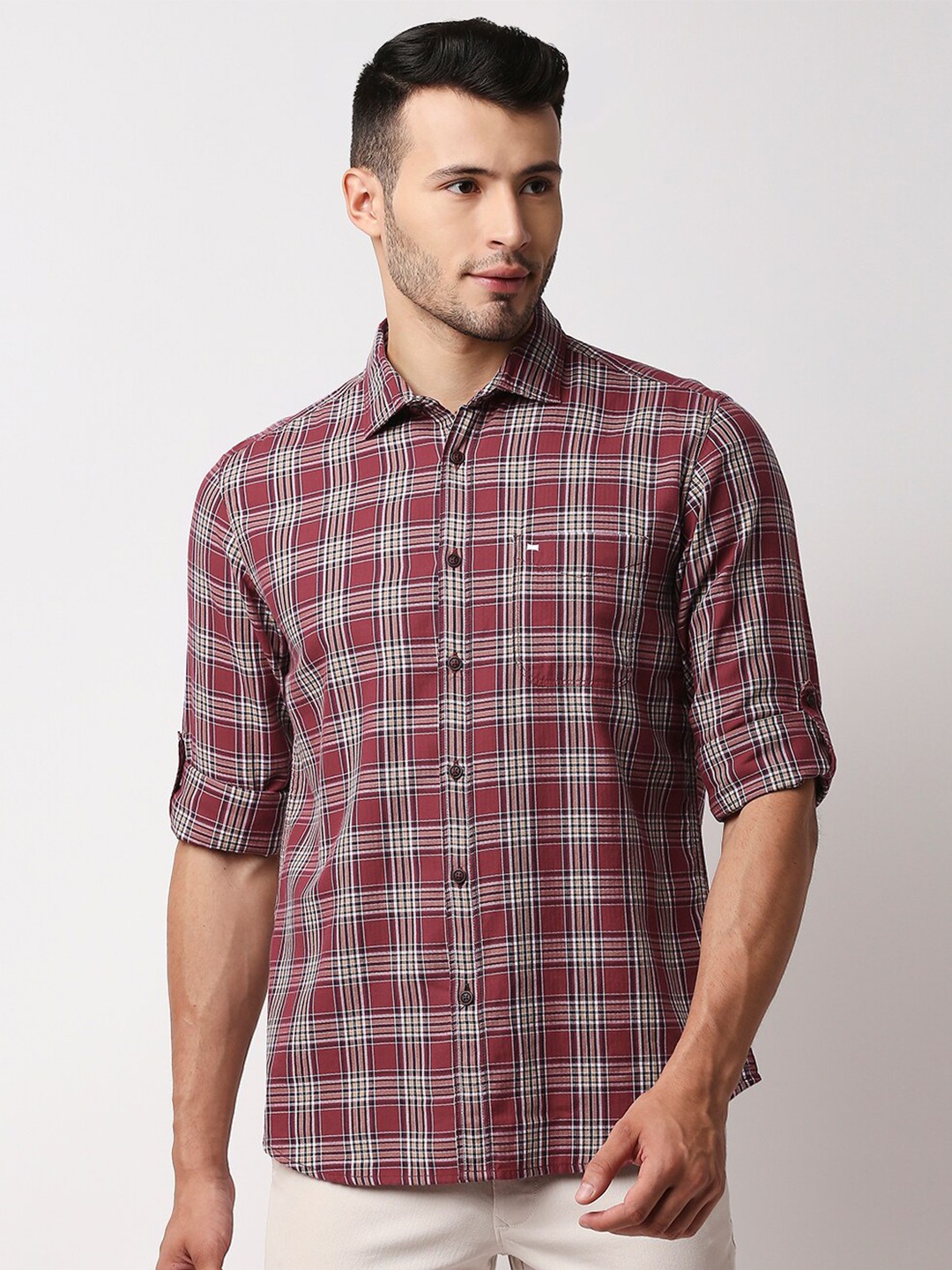 

Basics Men Maroon Slim Fit Tartan Checks Checked Casual Shirt