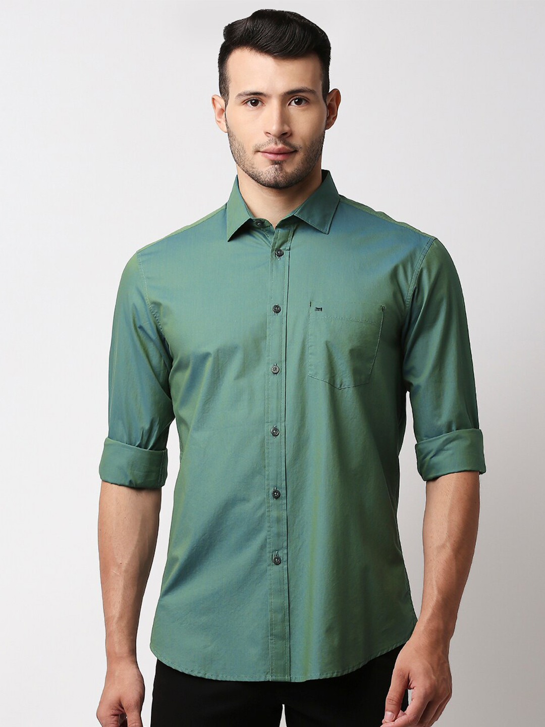 

Basics Men Solid Green Cotton Slim Fit Casual Shirt